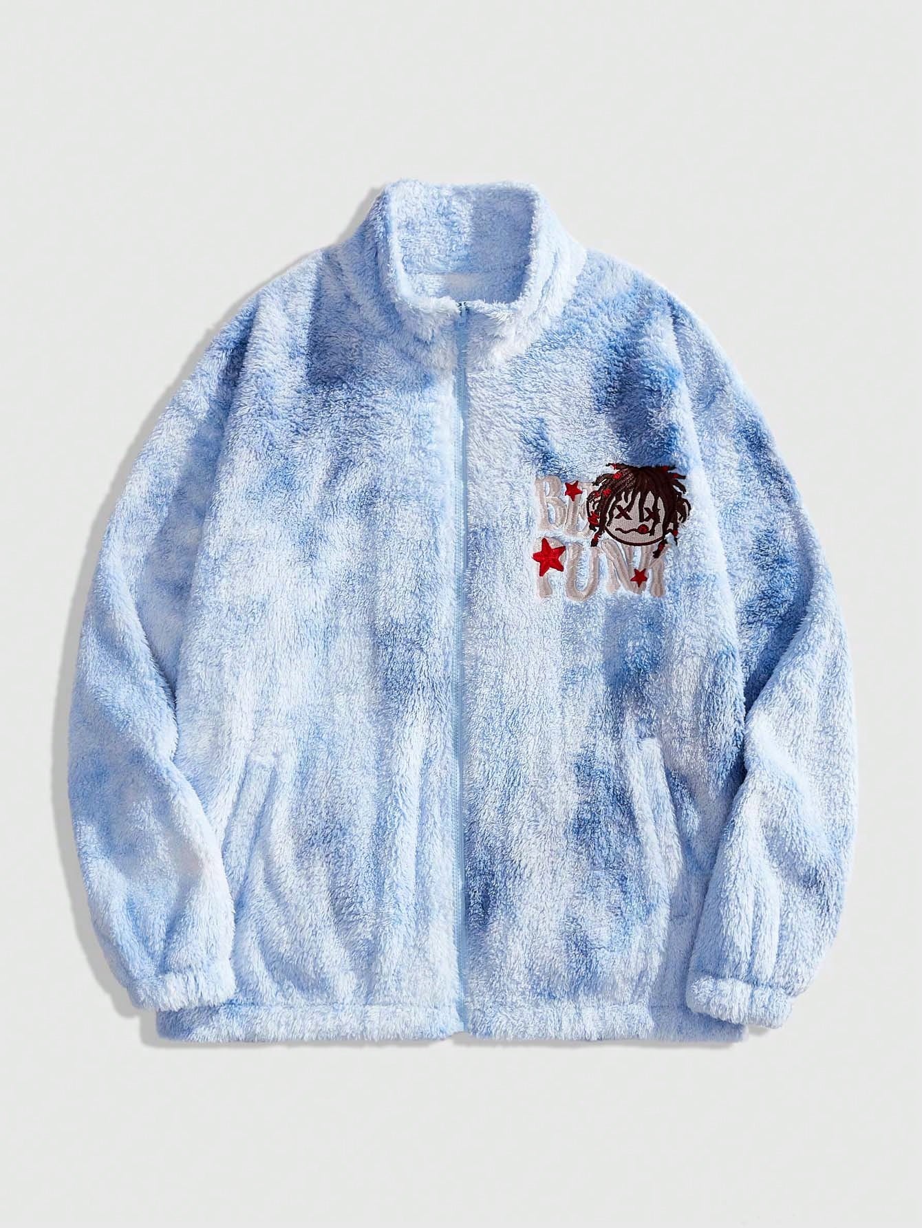 Street Life Men Plush Cartoon & Letter Embroidery Long Sleeve Jacket & Coat, Autumn/Winter