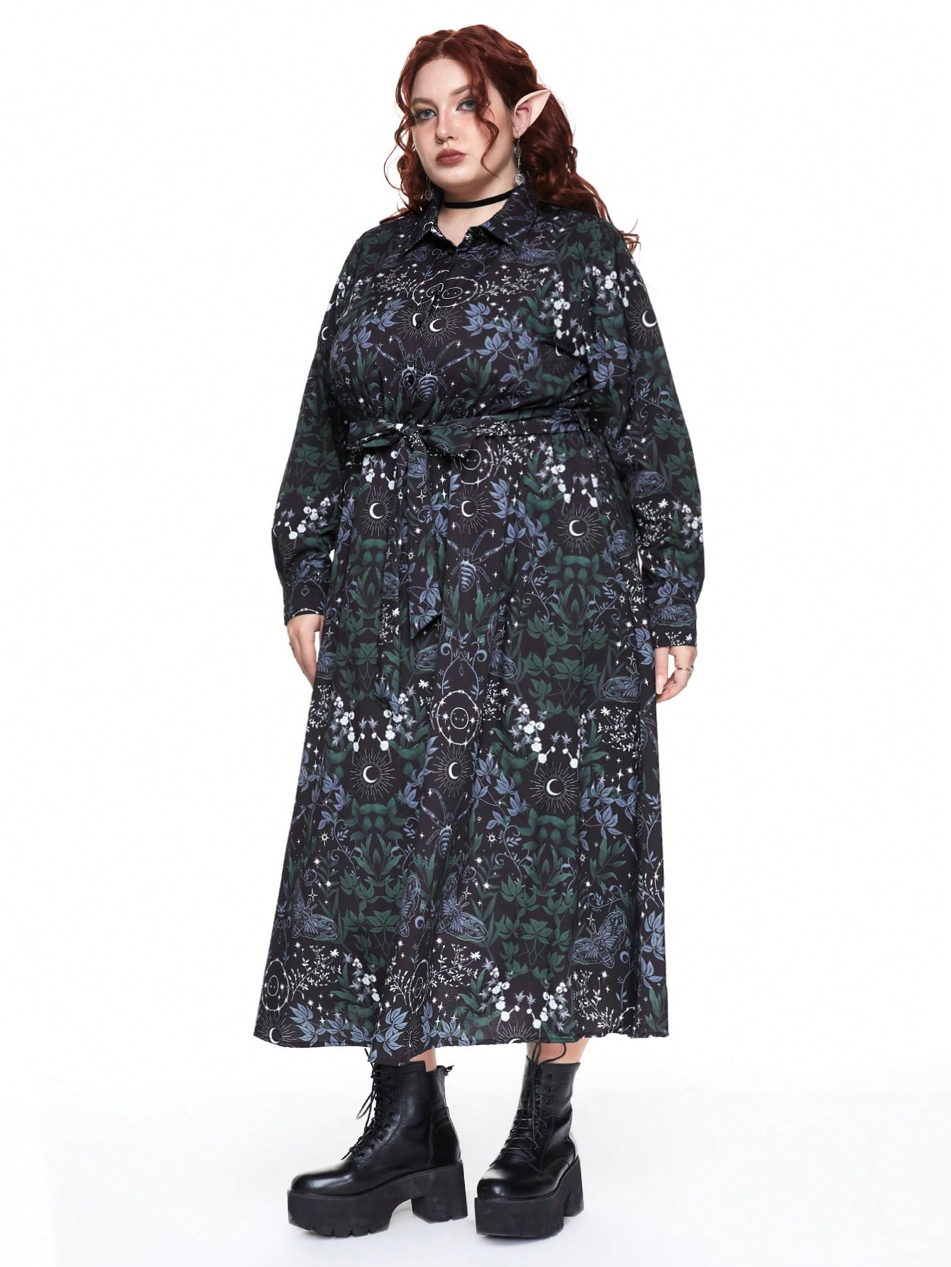 Fairycore Retro Romantic Dark Floral Moth Print Purple Mysterious Witch Style Wrap A-Line Plus Size Dress