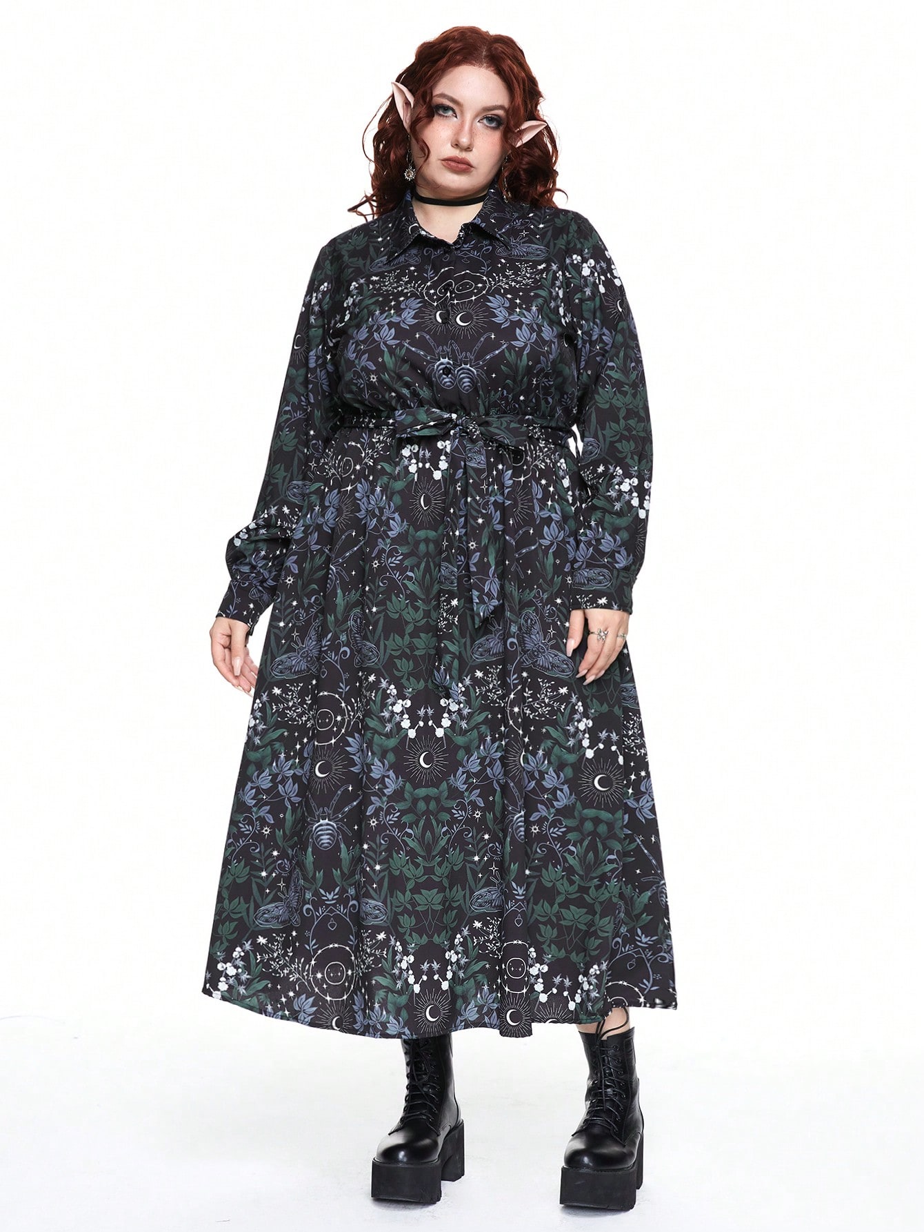 Fairycore Retro Romantic Dark Floral Moth Print Purple Mysterious Witch Style Wrap A-Line Plus Size Dress
