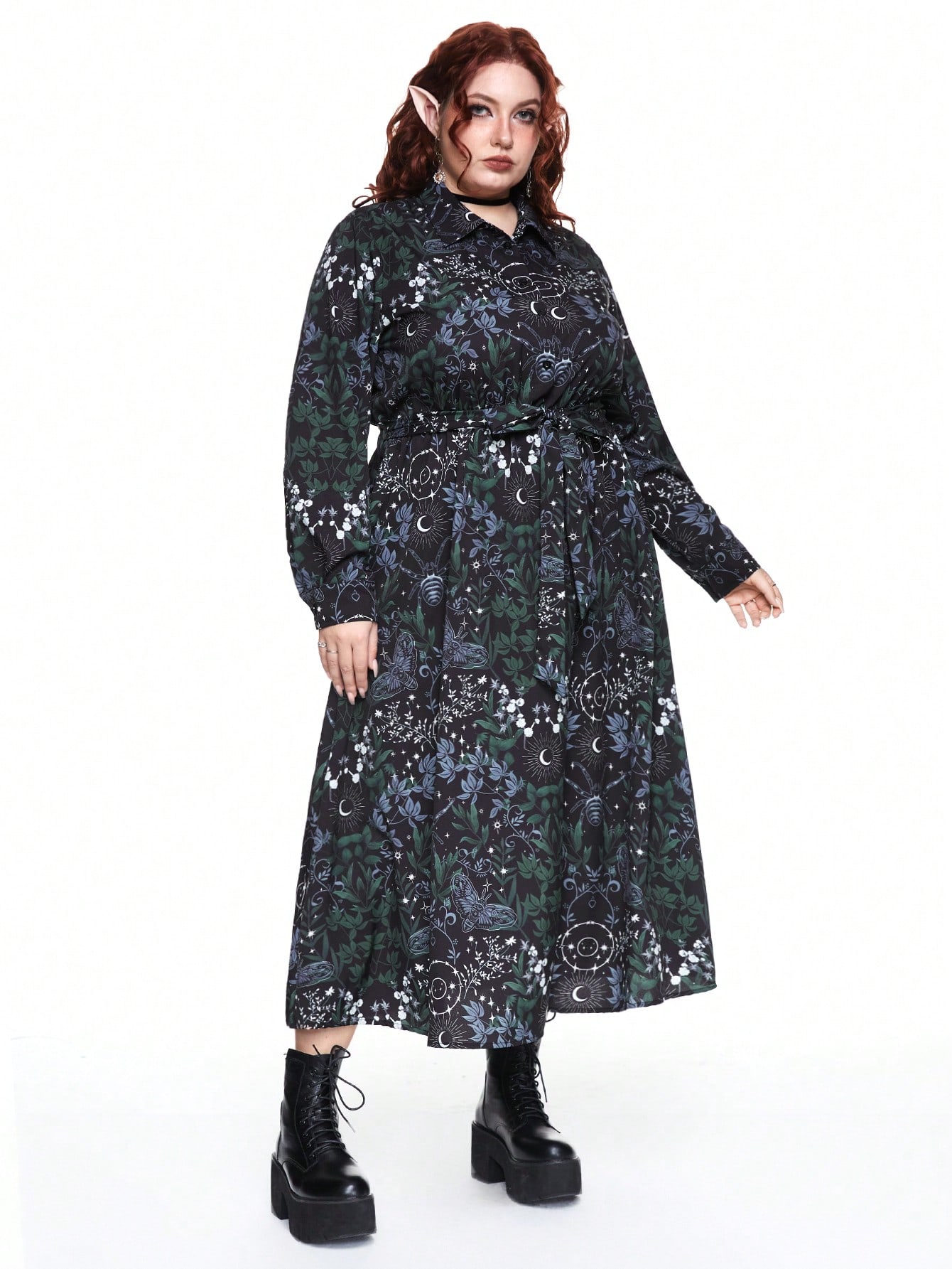 Fairycore Retro Romantic Dark Floral Moth Print Purple Mysterious Witch Style Wrap A-Line Plus Size Dress