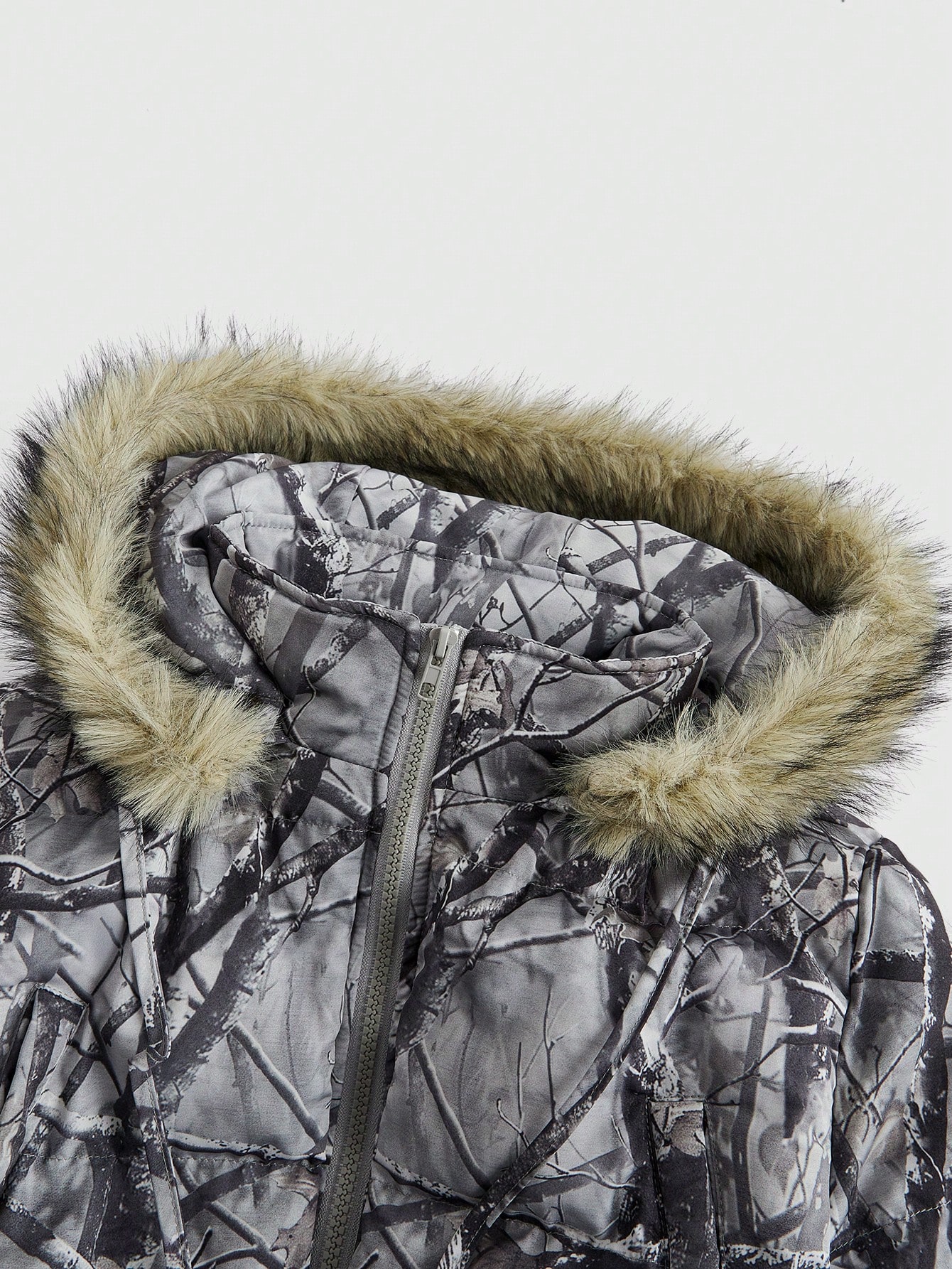 Grunge Punk Vintage Y2K Bare Branch & Camo Print Hooded Patchwork Fluffy Padded Coat, Suitable For Snow Outfit
