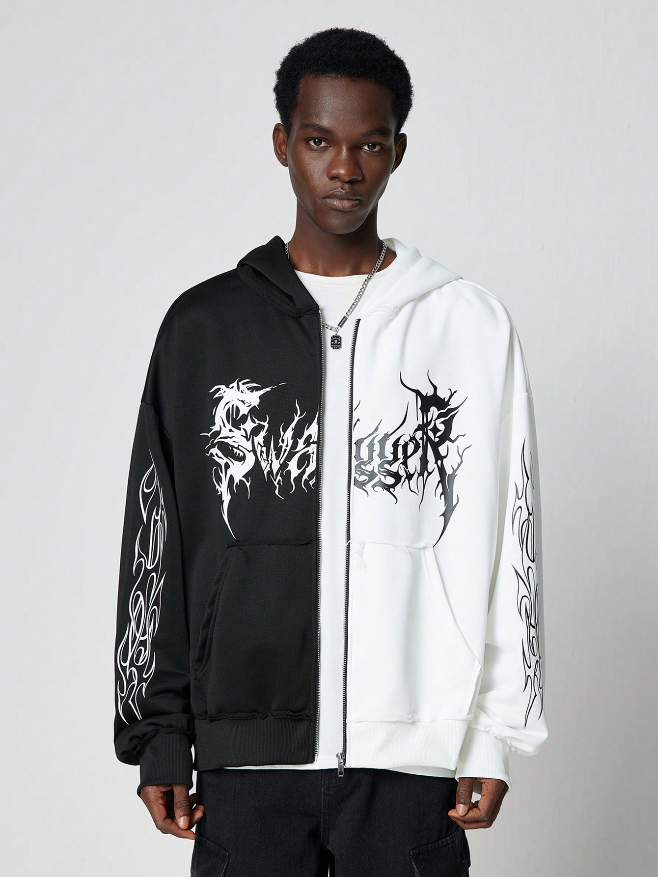 Grunge Punk Men's Color Block Letter Print Zip-Up Hoodie Sweatshirt