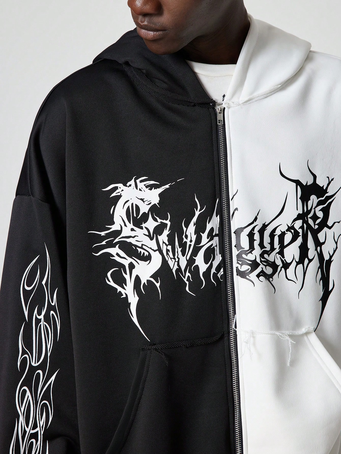 Grunge Punk Men's Color Block Letter Print Zip-Up Hoodie Sweatshirt