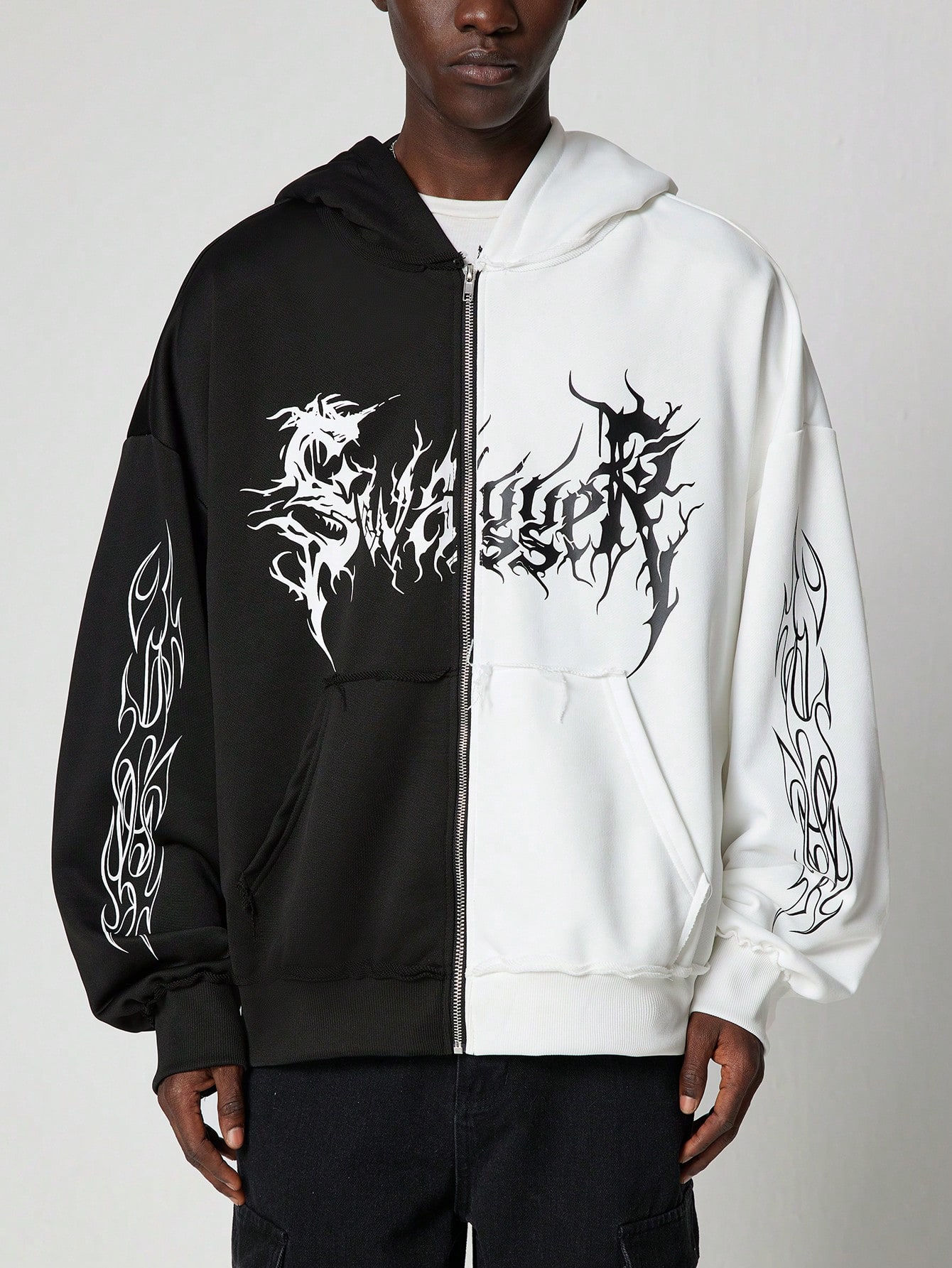 Grunge Punk Men's Color Block Letter Print Zip-Up Hoodie Sweatshirt