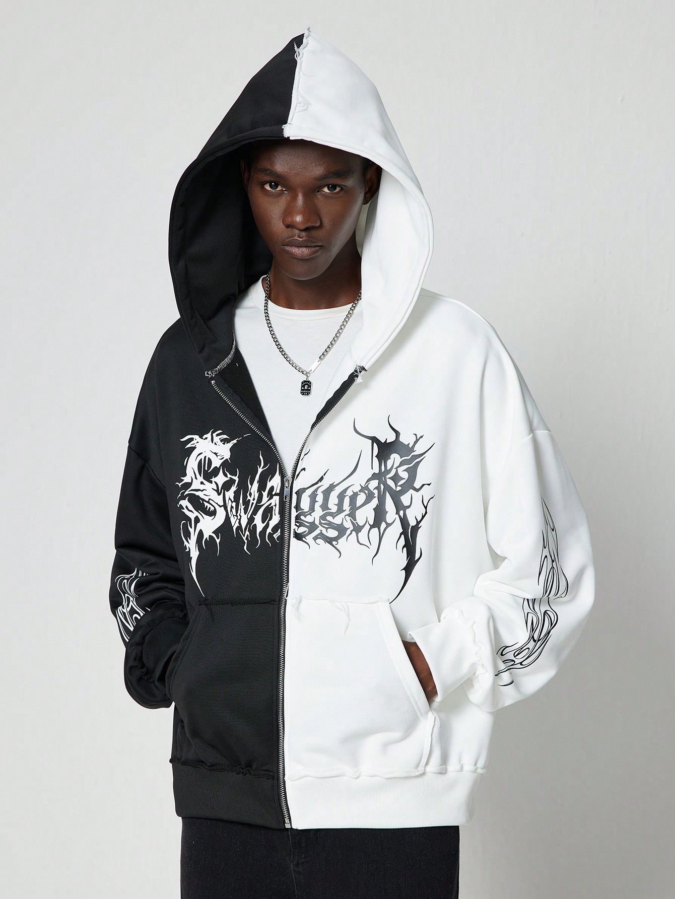 Grunge Punk Men's Color Block Letter Print Zip-Up Hoodie Sweatshirt