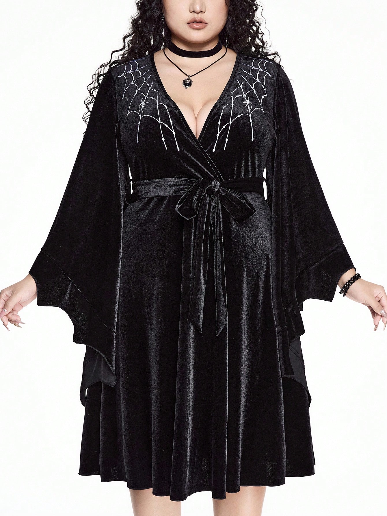 Goth Plus Size Gothic V-Neck Velvet Asymmetrical Flare Sleeves Dress With Spider Web Embroidery