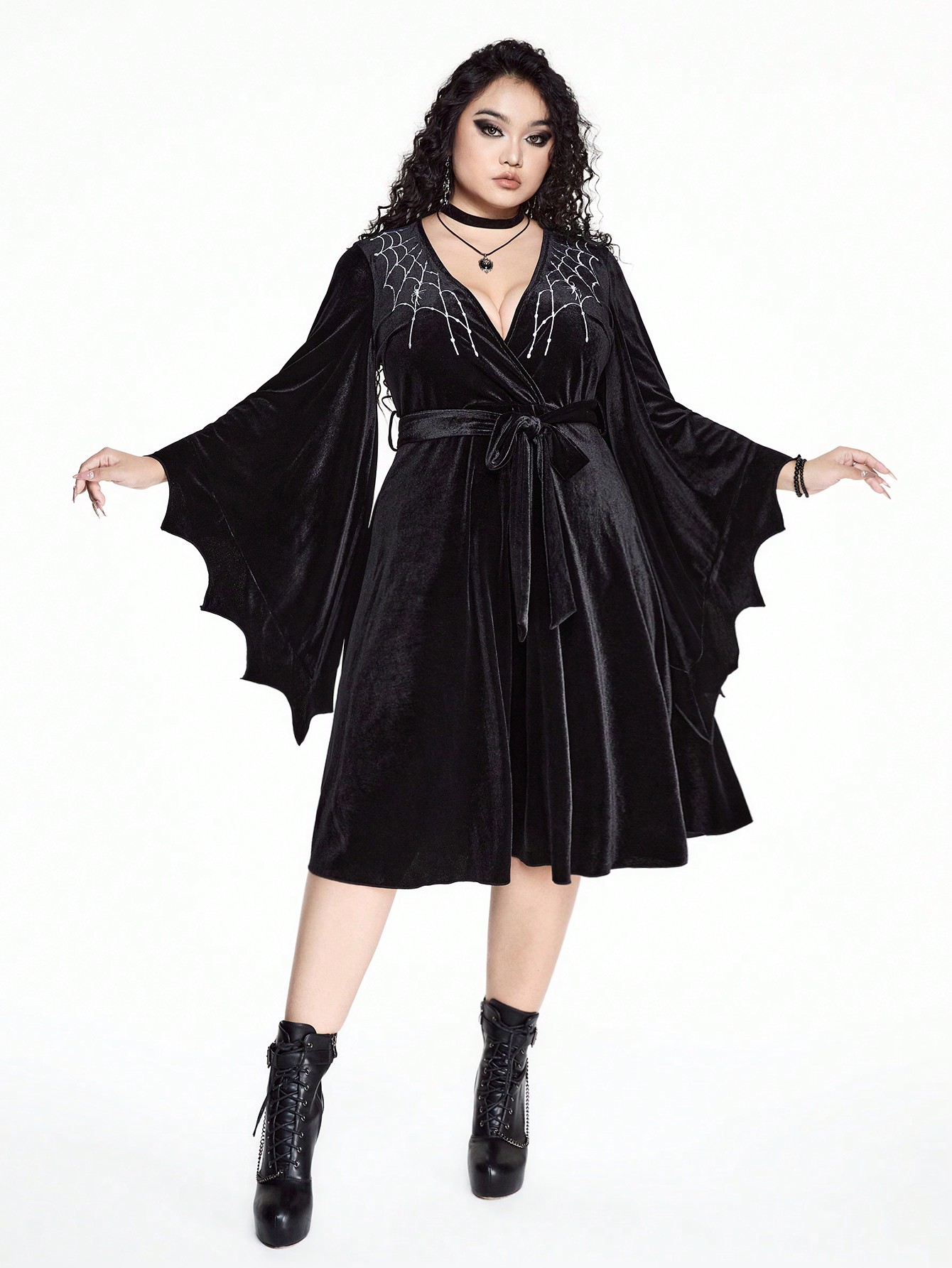 Goth Plus Size Gothic V-Neck Velvet Asymmetrical Flare Sleeves Dress With Spider Web Embroidery