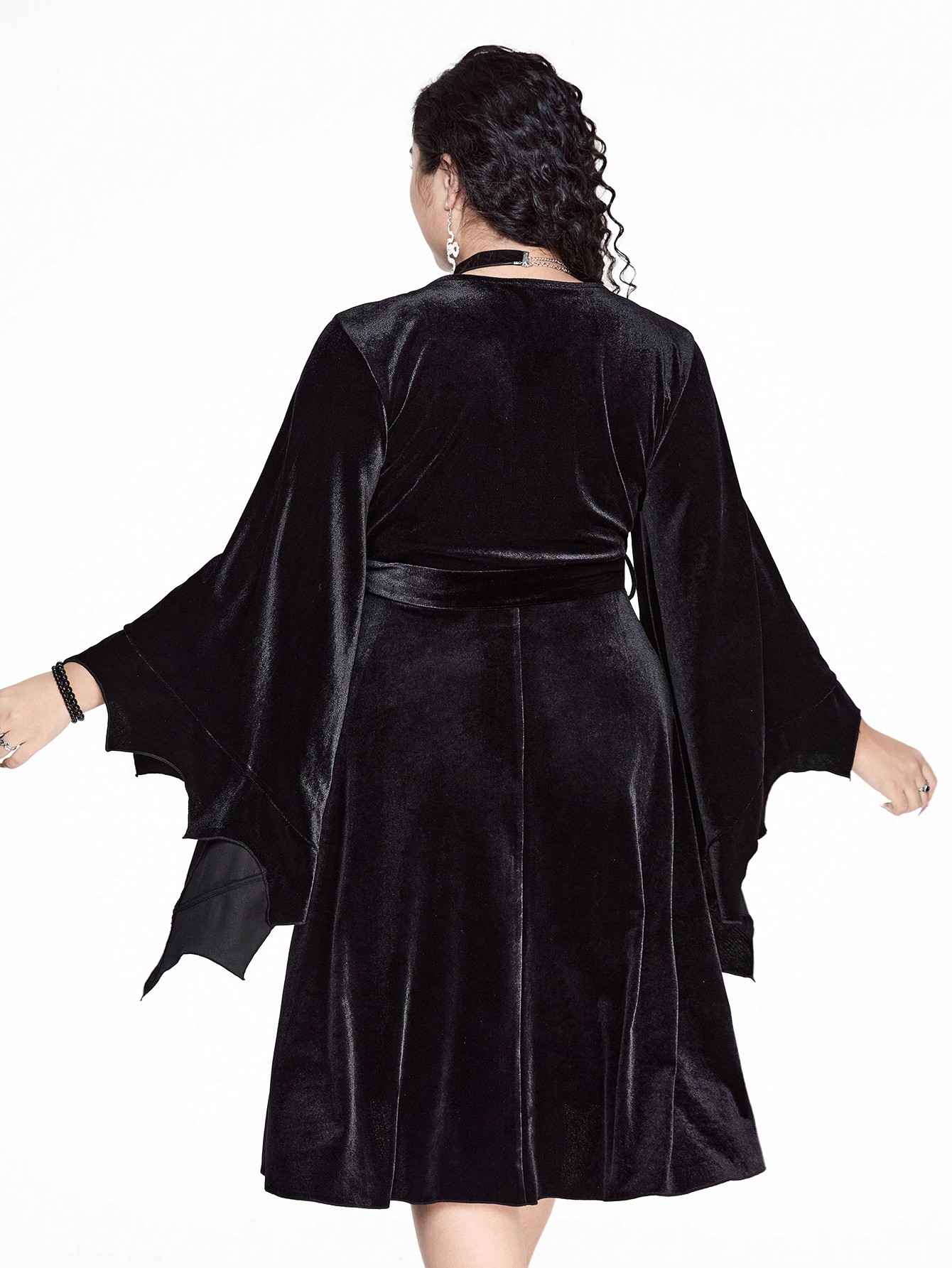 Goth Plus Size Gothic V-Neck Velvet Asymmetrical Flare Sleeves Dress With Spider Web Embroidery
