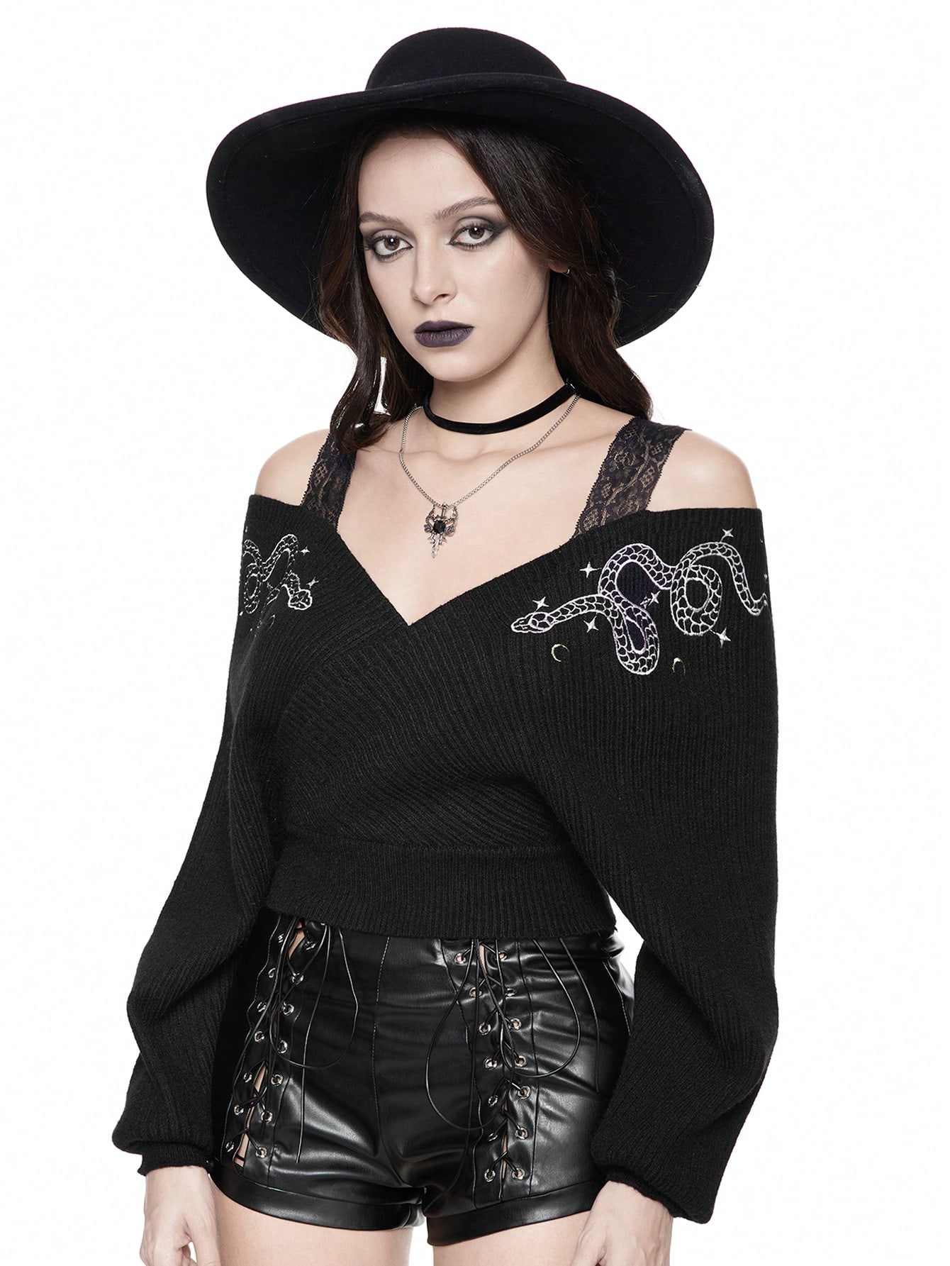 Goth Gothic Dark Snake Embroidery Sexy Lace Spaghetti Strap Deep V Off Shoulder Pullover Sweater