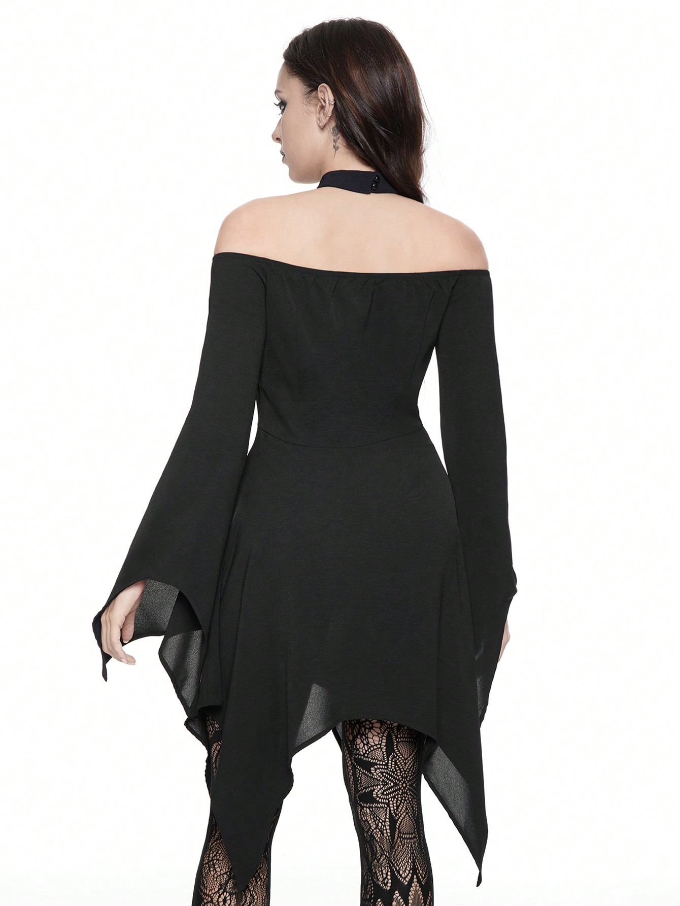 Goth Gothic Vintage Mesh Cross Embroidered Off-Shoulder Flare Sleeve Asymmetrical Hem Women Dress