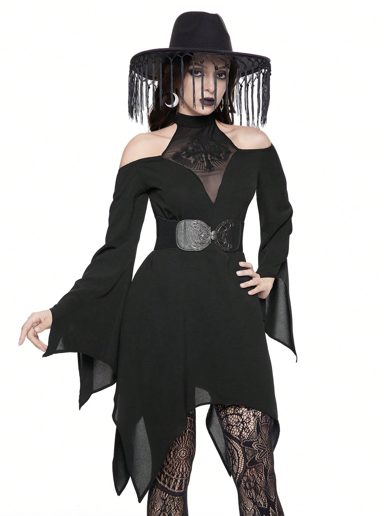 Goth Gothic Vintage Mesh Cross Embroidered Off-Shoulder Flare Sleeve Asymmetrical Hem Women Dress