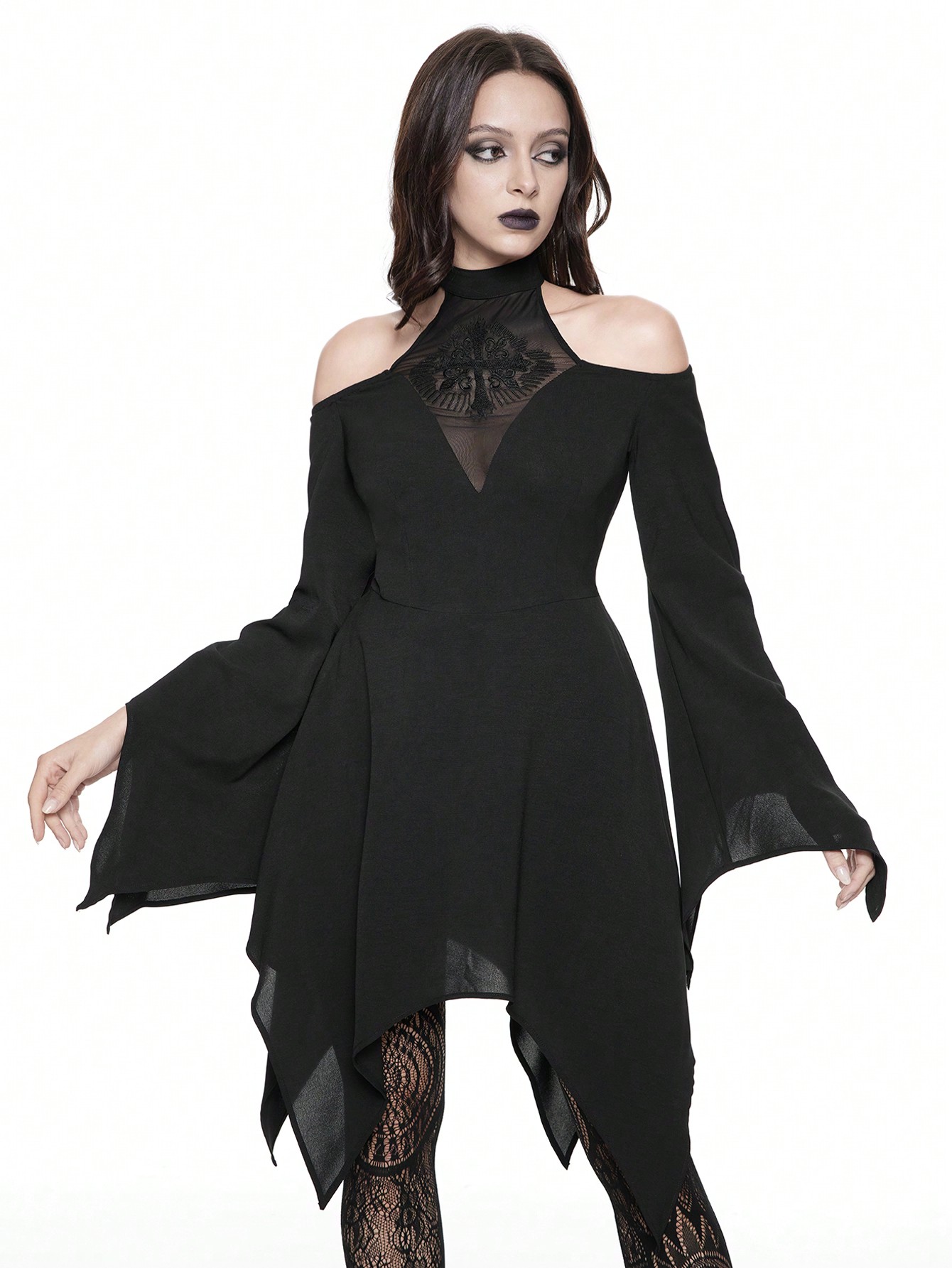 Goth Gothic Vintage Mesh Cross Embroidered Off-Shoulder Flare Sleeve Asymmetrical Hem Women Dress