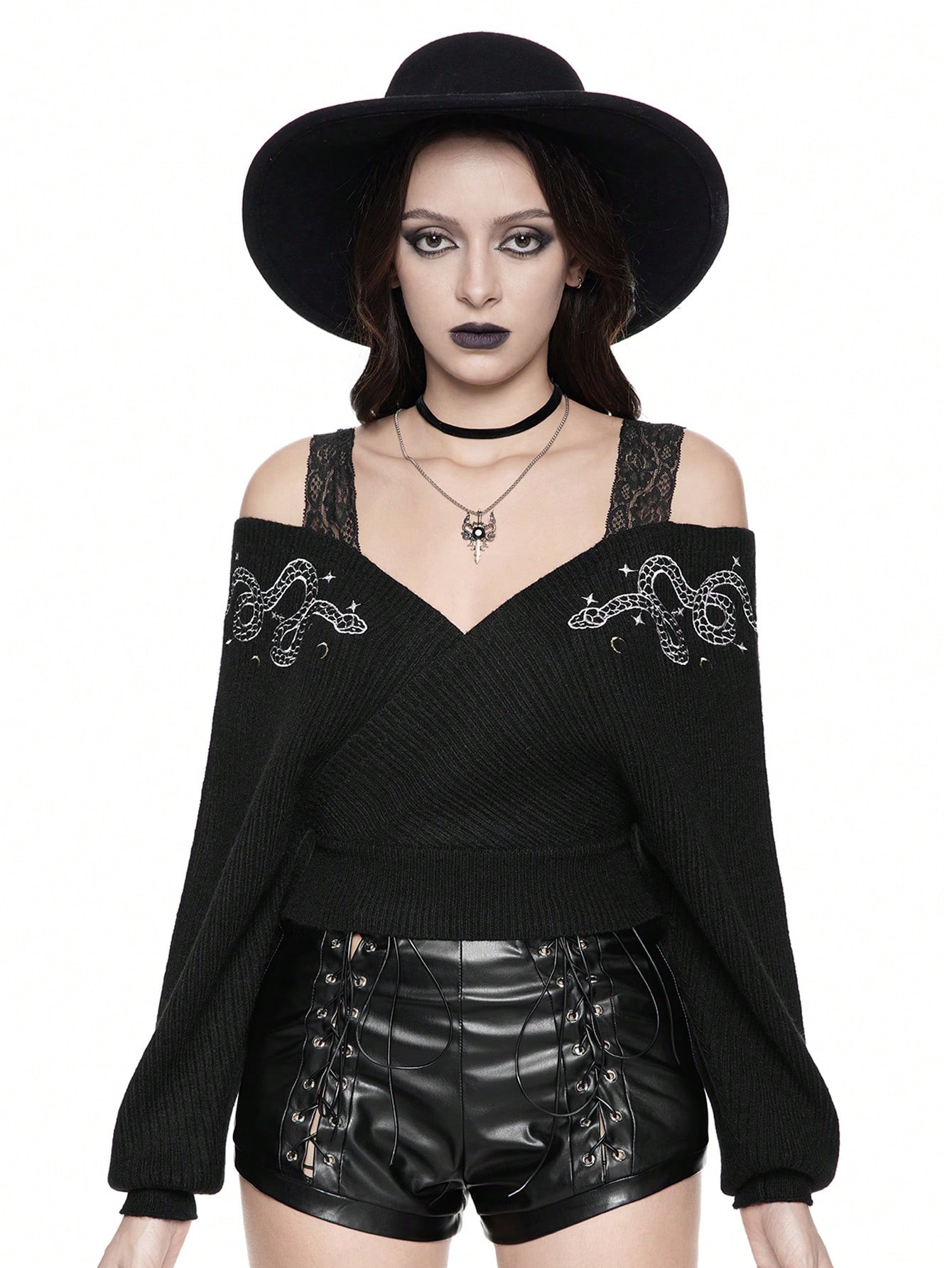 Goth Gothic Dark Snake Embroidery Sexy Lace Spaghetti Strap Deep V Off Shoulder Pullover Sweater