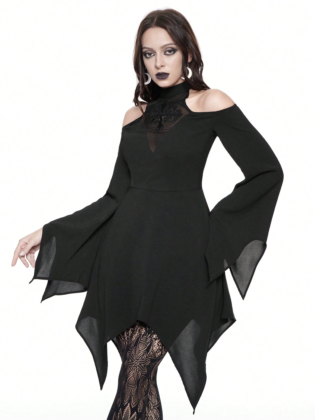 Goth Gothic Vintage Mesh Cross Embroidered Off-Shoulder Flare Sleeve Asymmetrical Hem Women Dress
