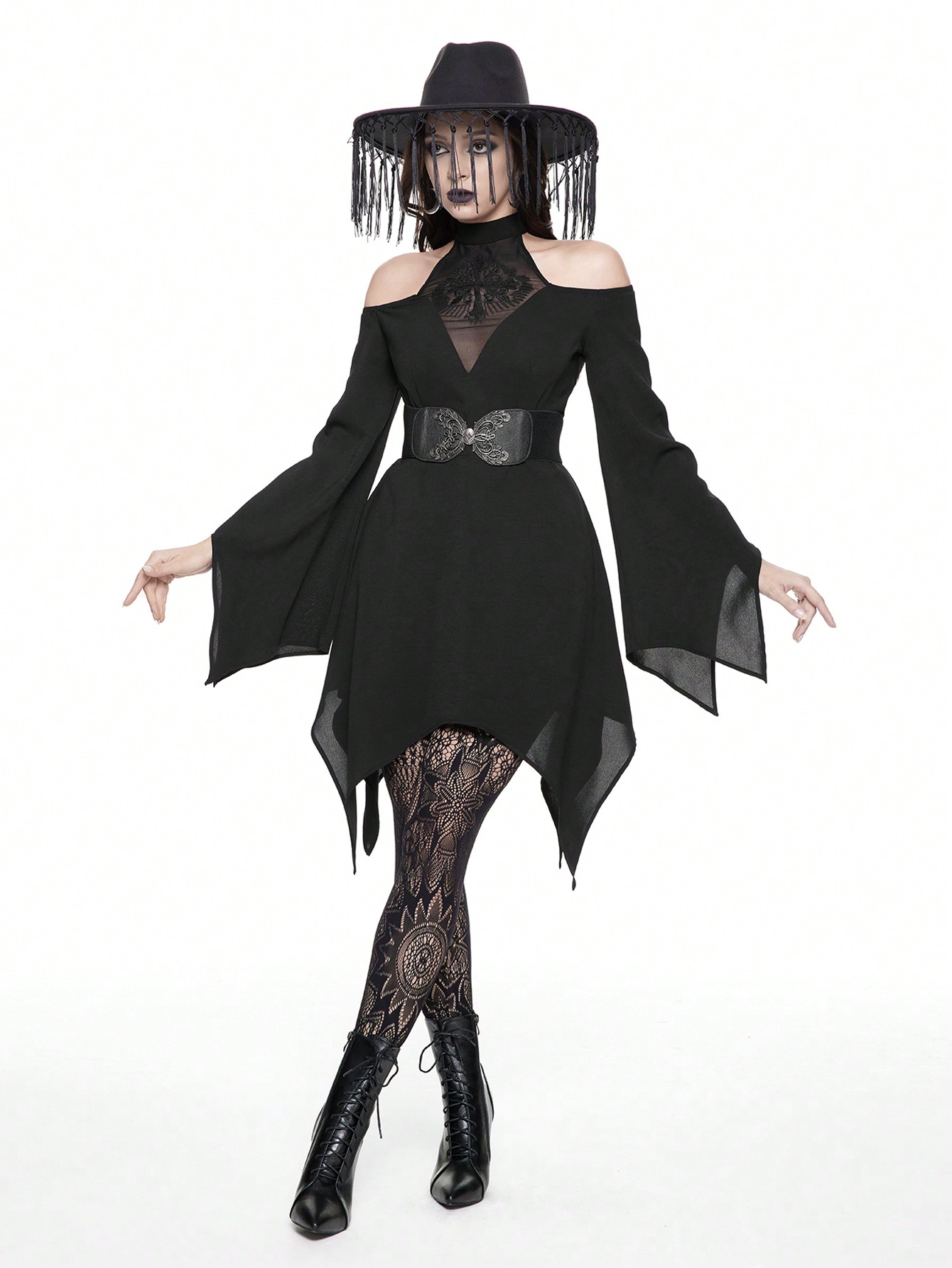 Goth Gothic Vintage Mesh Cross Embroidered Off-Shoulder Flare Sleeve Asymmetrical Hem Women Dress
