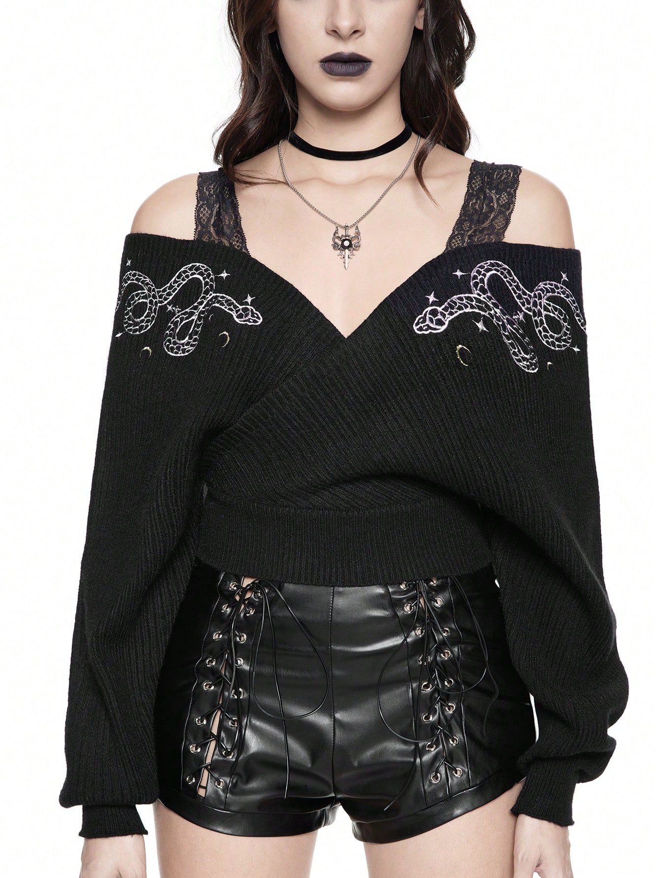 Goth Gothic Dark Snake Embroidery Sexy Lace Spaghetti Strap Deep V Off Shoulder Pullover Sweater