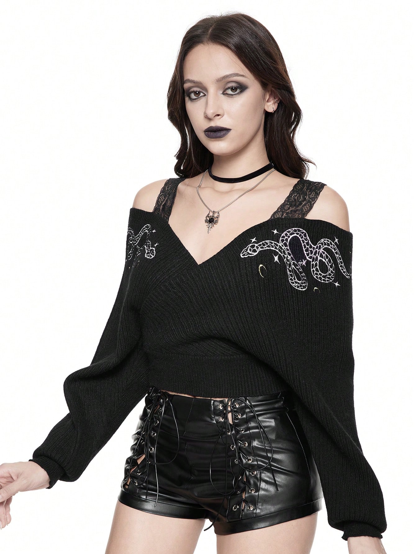 Goth Gothic Dark Snake Embroidery Sexy Lace Spaghetti Strap Deep V Off Shoulder Pullover Sweater