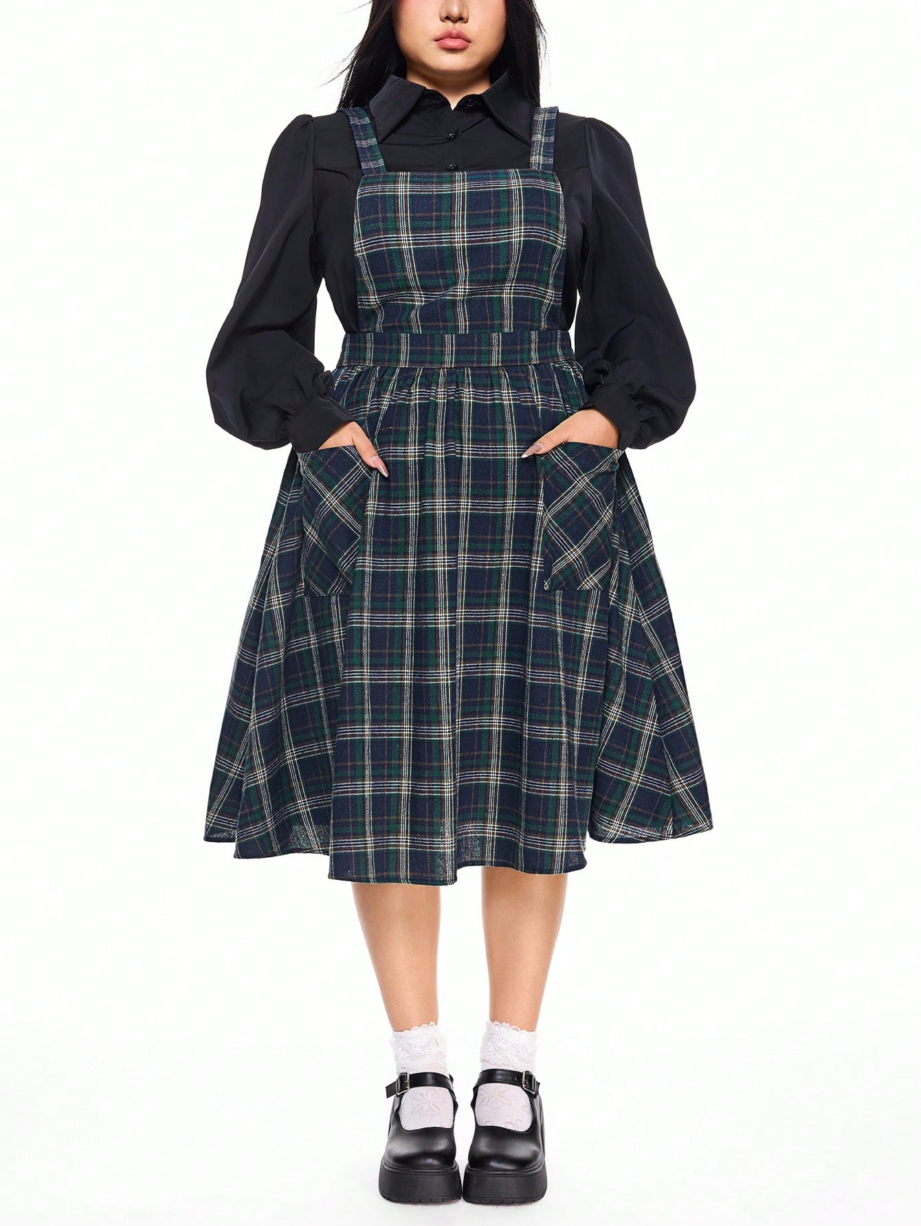 Fairycore Plus Size Women's Retro Cottagecore Style Plaid Pinafore Dress, Yellow-Green