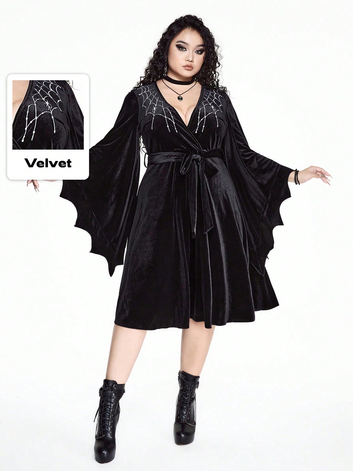 Goth Plus Size Gothic V-Neck Velvet Asymmetrical Flare Sleeves Dress With Spider Web Embroidery