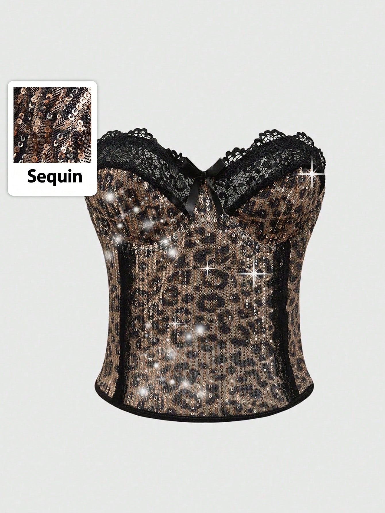 Grunge Punk Gyaru Carnaval New Year Holiday Shiny Sequin Vintage Y2K Harajuku Strappy Leopard Print Contrast Lace Bowknot Crop Top