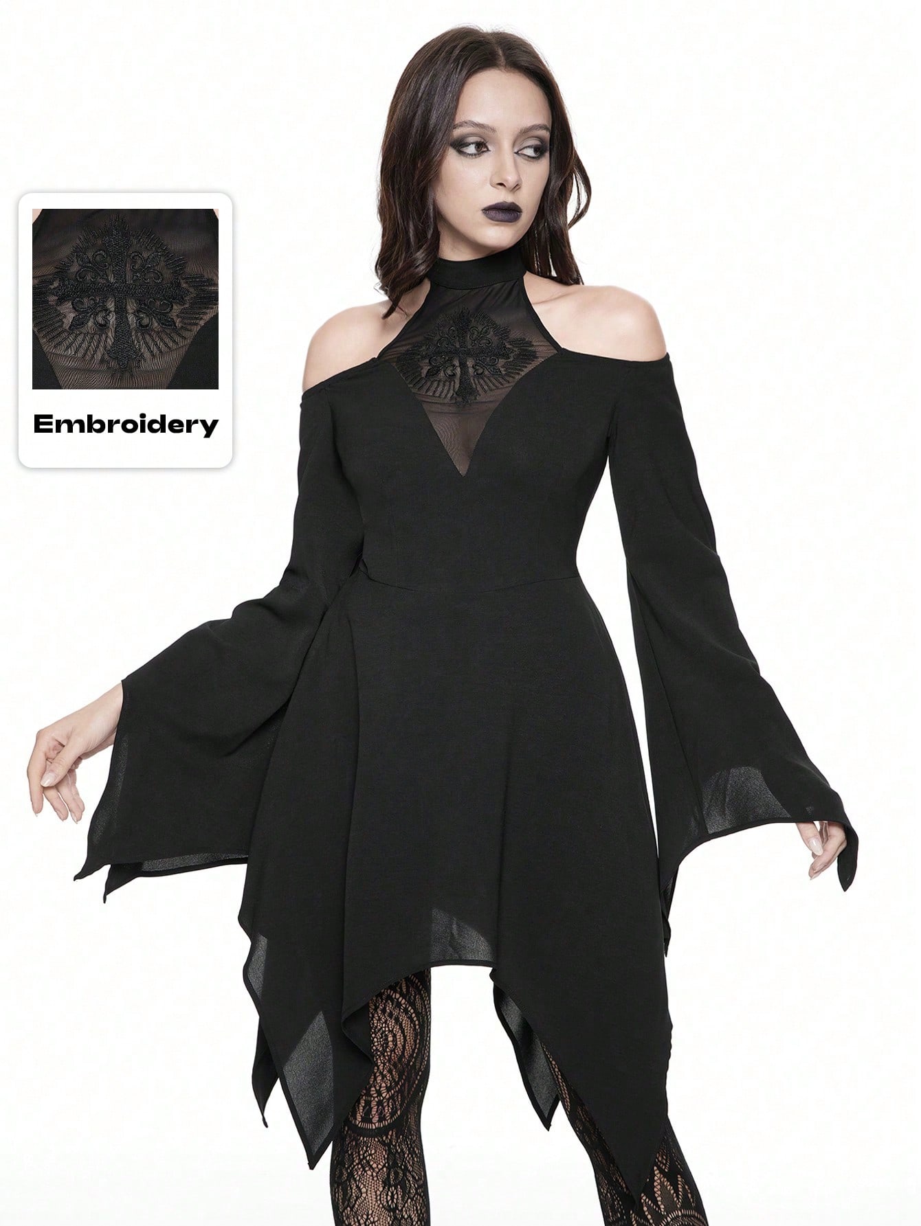 Goth Gothic Vintage Mesh Cross Embroidered Off-Shoulder Flare Sleeve Asymmetrical Hem Women Dress