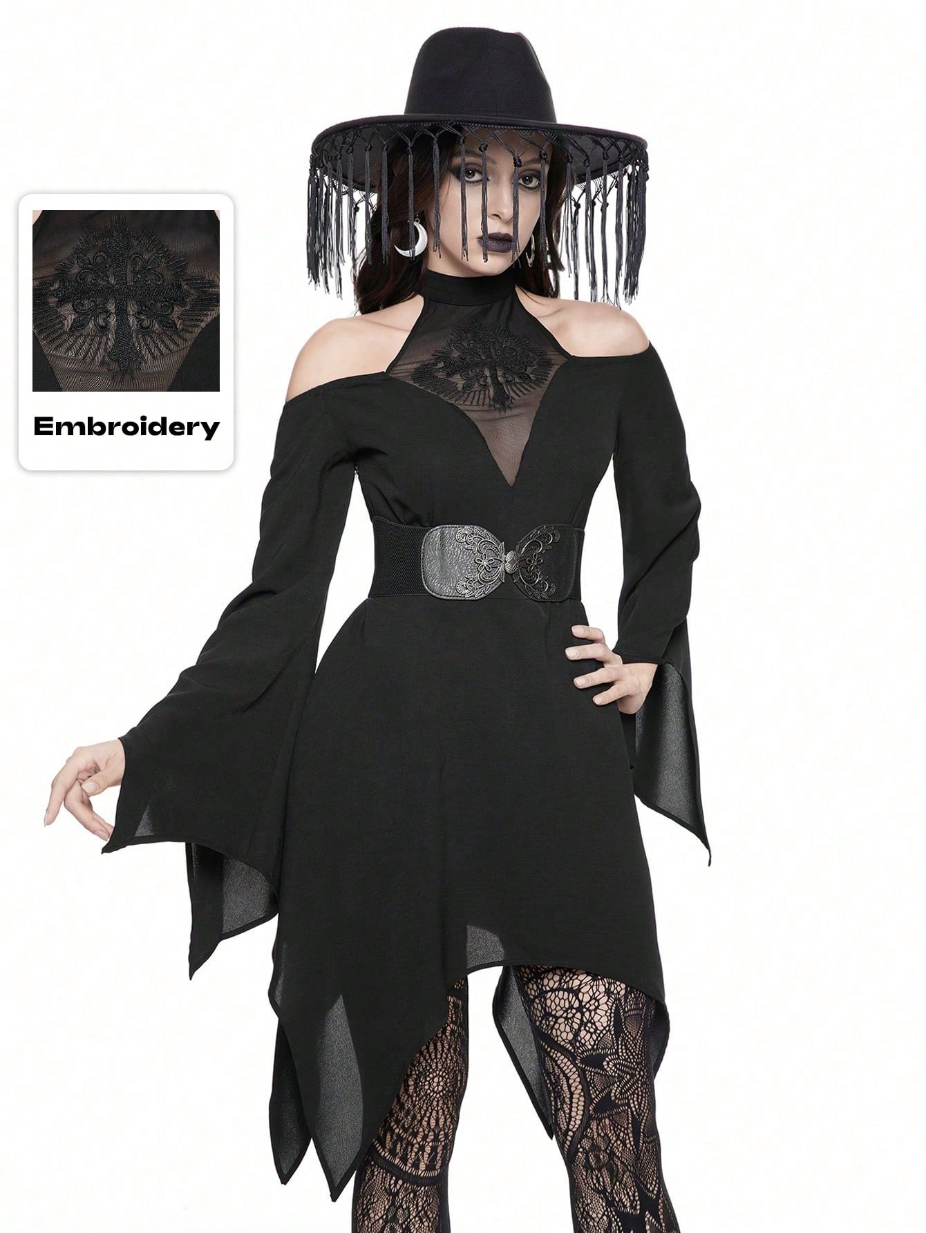 Goth Gothic Vintage Mesh Cross Embroidered Off-Shoulder Flare Sleeve Asymmetrical Hem Women Dress