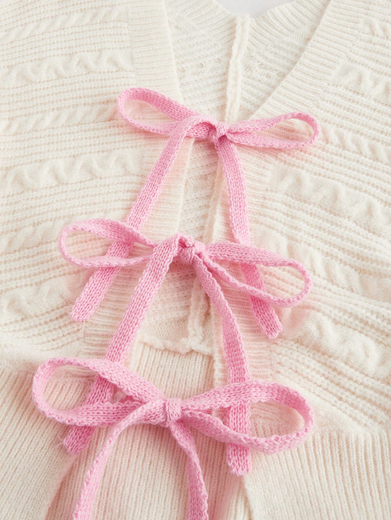 Kawaii Cute Bowknot Textured V-Neck Cardigan, Collegiate Style