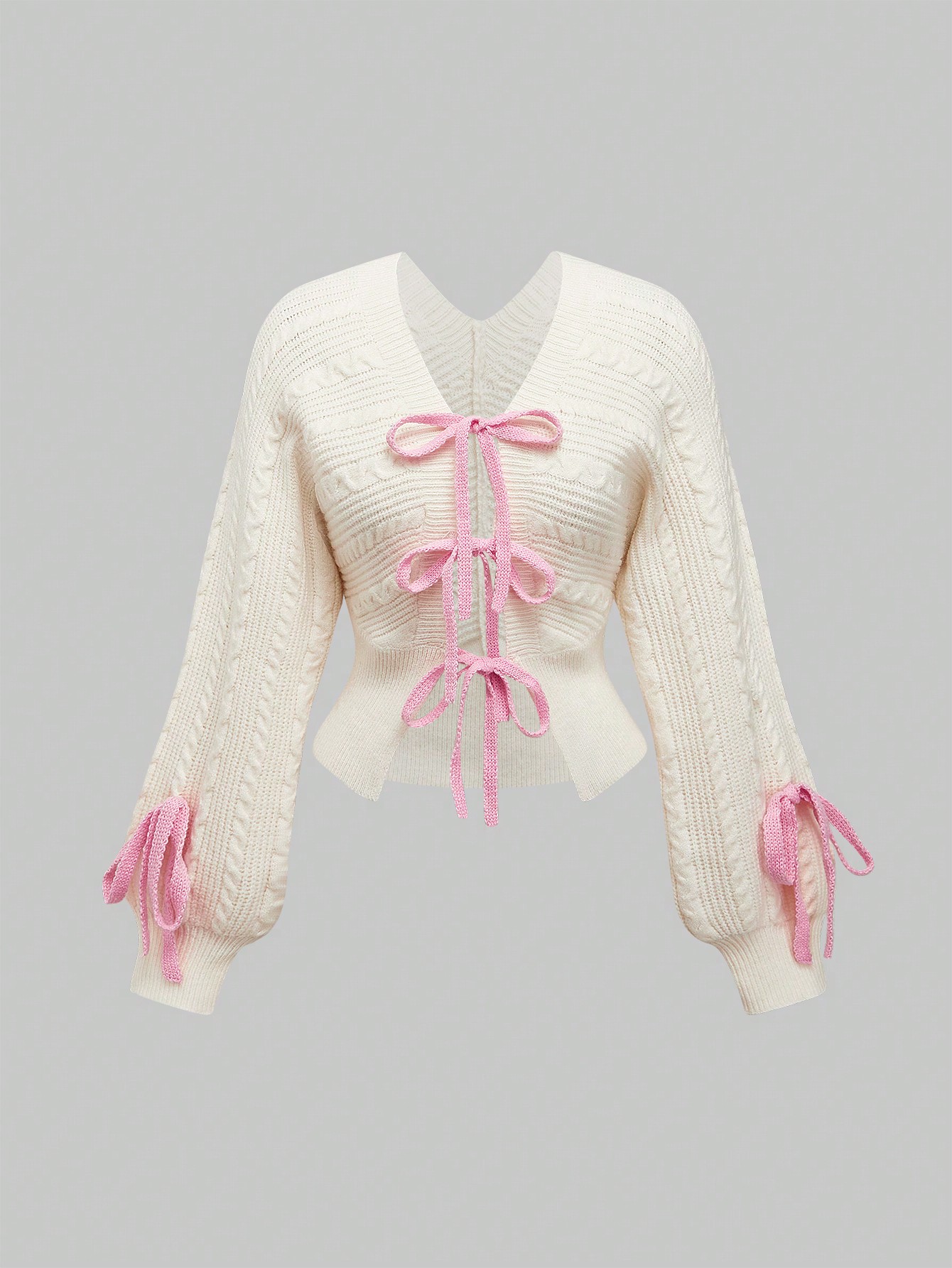 Kawaii Cute Bowknot Textured V-Neck Cardigan, Collegiate Style